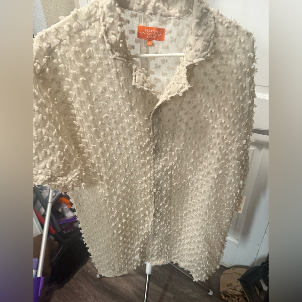 Men's Cream Textured Casual Button Down Shirt